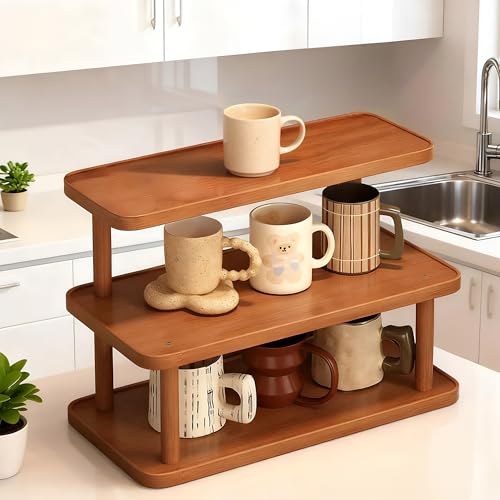 Image of Rioware Bamboo Organizer Rack - Multi-Layer Desktop Storage Shelf for Cups, Mugs & Tea Sets | Wooden Countertop Sideboard Display Stand for Kitchen, Dining & Home Deco (3-Tier - Racknest)