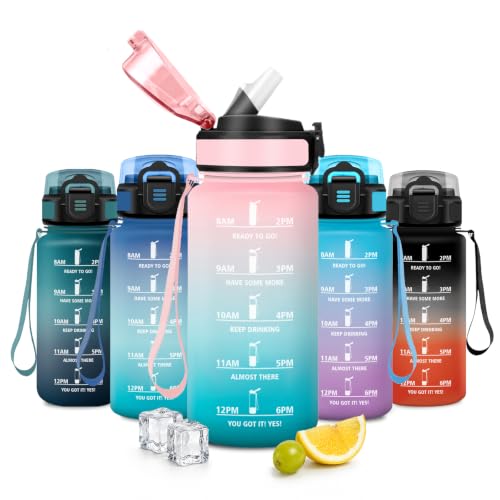 JAPORIA Botella 500ml, Botella de Agua con Pajita y Marcador de Tiempo, a Prueba de Fugas, Reutilizable, sin BPA, Cantimplora para Escuela, Oficina, Exterior, Camping