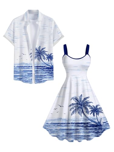 ROSE GAL Rosegal Matchable Couple Hawaiian Coconut Tree Print Shirt or Plus Size Knee Length Fit and Flare Tank Dress2