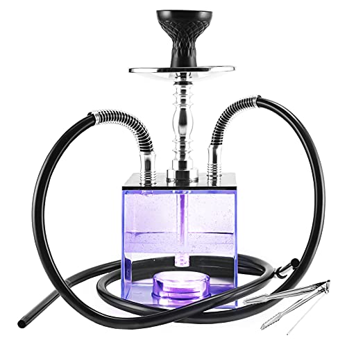 Hookah, Hookah Set, Micro Modern Cube Acrylic Hookah 2 Hose with Silicone Hookah Bowl Leather Hose Coal Tongs Aluminum Stem with Diffuser Magical Remote LED Light for Better Shisha Hookah Smoking