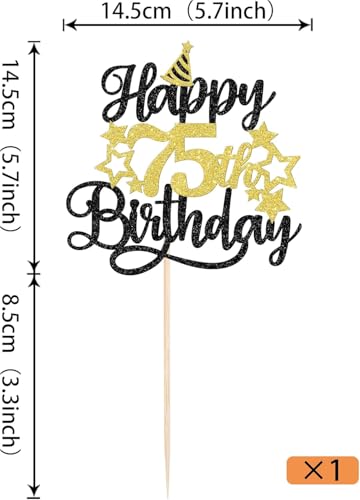 Image of Confetti! Glittering 75th Birthday Cake Topper with Star Hat - Cheers to 75 Years! Fabulous Cake Decorations for Elders 75th Birthday & Anniversary Party Supply