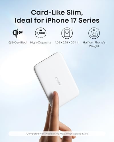 Image of Anker Nano MagSafe Portable Charger, Ultra-Slim 5,000mAh Magnetic Wireless Power Bank, Qi2-Certified 15W Max, Compact for Travel, Ergonomic Design, for iPhone 17 /16 Series, and More