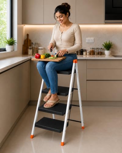 Image of CIPLA PLAST Polo 4-Step Foldable Ladder for Home & Office | Heavy Duty Anti-Slip Wide Steps | Lightweight Aluminium Step Stool | Safety Lock & Non-Slip Feet | Multi-Purpose Folding Ladder