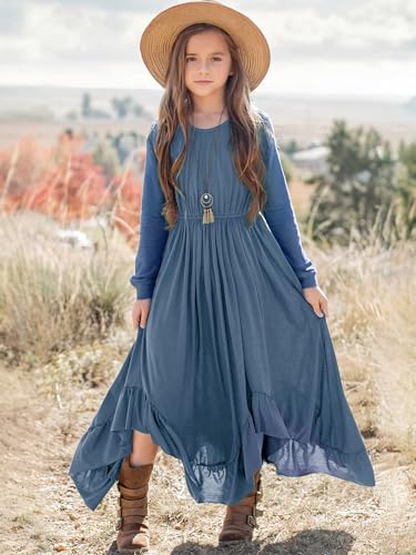 New 8-14Y Girls Long Sleeve Boho Maxi Dress Casual Flowy Ruffle Hem Dress2