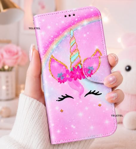 Image of TELETEL Unicorn Magnetic Closure Flip Shock Proof Back Cover with Cards & Cash Pockets | Wallet Case - Pink for Vivo V50 5G