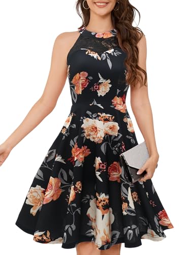 Bbonlinedress Cocktailkleid Damen Sommerkleid Blumendruck Neckholder Festliche Kleider Brautkleid Abendkleider elegant für Hochzeit Black Yellow Rose...
