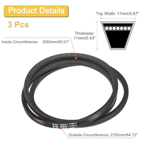Image of uxcell 3 Pack B82 Classic Wrapped V-Belt, 85 inch Outside Circumference Wrapped Industrial Rubber V-Belt B Profile V-Belt for Industrial Machinery Equipment, Black