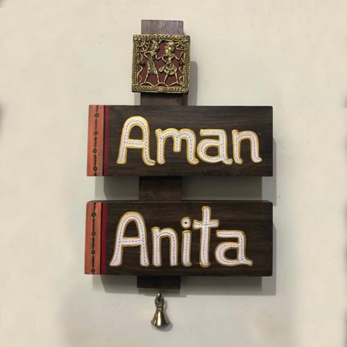 Image of AAKRITI ART CREATIONS Couple Stack Handcrafted Dhokra Brass Art Teak Wood Nameplate for Home Entrance | Traditional Name Plate for Home Entrance Outdoor | Wooden Name Plate | Name Plate for Office