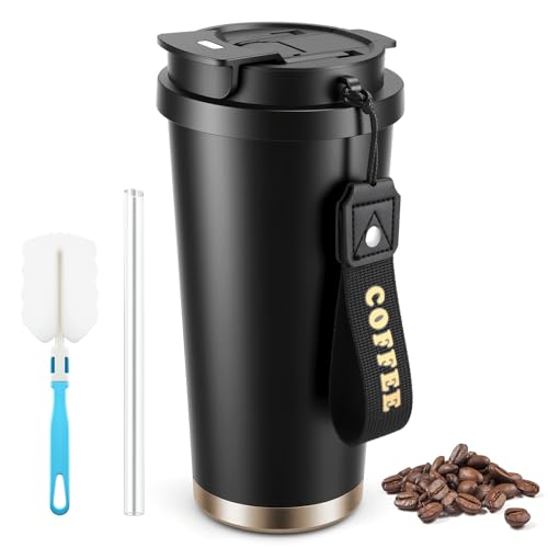Mug isotherme etanche 530 ml, tasse isotherme pour cafe en acier inox 316/304, gobelet isotherme type tasse thermos cafe avec couvercle et paille