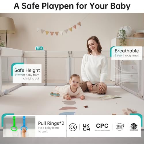 Image of Doradotey 8-Panel Foldable Baby Playpen for Toddlers 1-3, Adjustable Shape Large 59 inchx59 inch Indoor Playard, No Tools Assembly, 360 Breathable Mesh, Separate Washable Panels Safety Fence,Beige