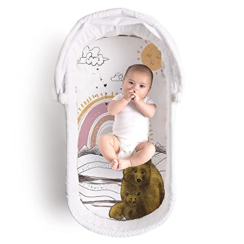 Image of JumpOff Jo - Hypoallergenic Fitted Bassinet Sheet for Baby Boys & Girls - Rectangular, Hourglass & Oval Crib Compatible, Soft, Breathable, Machine Washable - Rainbow Bears