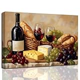 XLMDYYSW Vintage Kitchen Wall Art Rustic Red Wine Grape Picture Farmhouse Bread Cheese Painting Wine Bottle Canvas Prints for Dining Room Bar Decor Framed (Brown, 12.00' x 18.00')