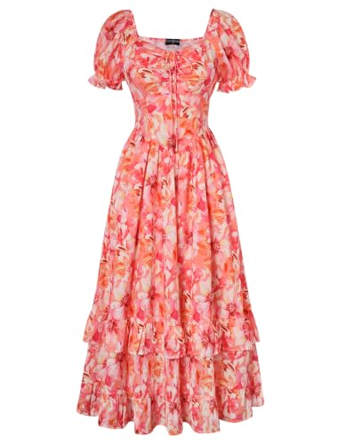 Image of Scarlet Darkness Women Floral Maxi Dress Puff Sleeve Tea Party Corset Dress | Pockets, Ruched Bust, Ruffled Hem, for Cottagecore Fairy Milkmaid Vacation