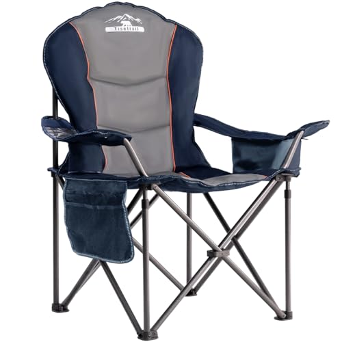 Tisetrail Oversized Camping Chair Folding Chair with Cooler Padded Outdoor Chairs Heavy Duty Support 500 LBS Steel Frame Collapsible Arm Chair with Cup Holder Blue & Gray