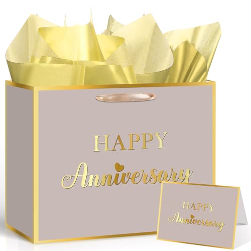 Champagne Gold Anniversary Party Gift Bag Anniversary Paper Gift Bag with Tissue Papers and Card Champagne Gold Wrapping Bag for Women Men Valentine Gifts Wedding Party Decorations Supplies