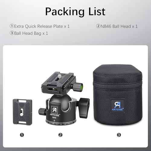 46mm Low Profile Ball Head Tripod Ball Head ARTCISE NB46 Heavy Duty Tripod Head All Metal CNC Machining with Two 1/4" Quick Release Plates for Tripod, Monopod, DSLR, Camcorder, Max Load 55lbs /25kg by ARTCISE - Image 8