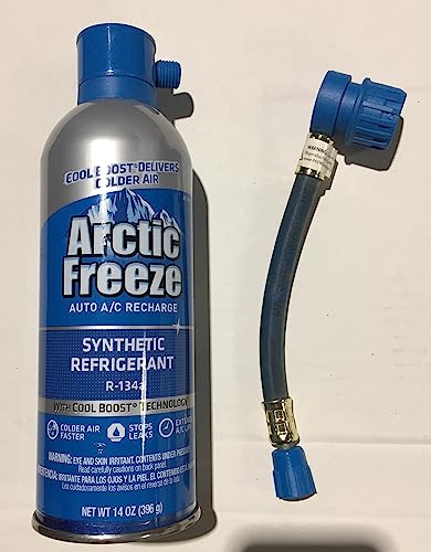 Arctic Freeze Auto A/C Recharge R-134a Synthetic Refrigerant for MVAC use in a 14-Ounce Self-Sealing Container with Stop Leak - Includes 14oz R134A & Recharge Hose - NO Gauge