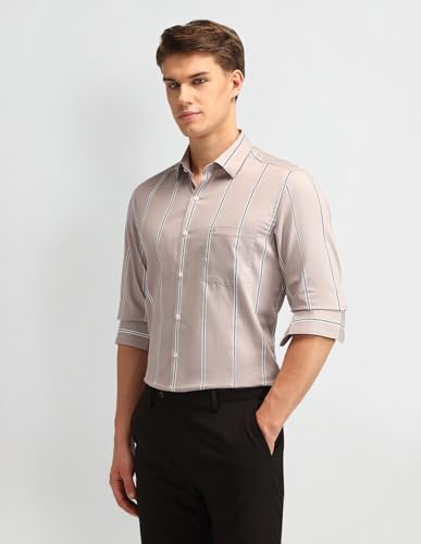 Image of Arrow Men's Striped Full Sleeves Slim Fit Semi-Cutaway Collar Cotton Formal Shirt Light Brown