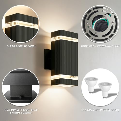 Image of JYV Outdoor Wall Lights, Square Up and Down LED Porch Lights, Black | Waterproof Exterior Lighting Fixtures, 2x7W 3000K Bulbs, Outdoor Lights for House Porch Garage Patio