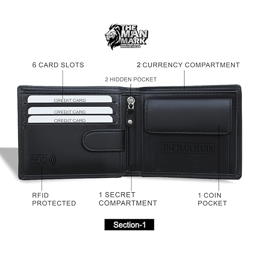 Image of Mens Wallets - Full Grain Original Leather RFID Wallet for Men, 6 Card Slots, 1 Coin Pocket, 1 ID Window, Zip Pocket /Card & Cash Holder & 1 Secret Comapartment (Large, Black)