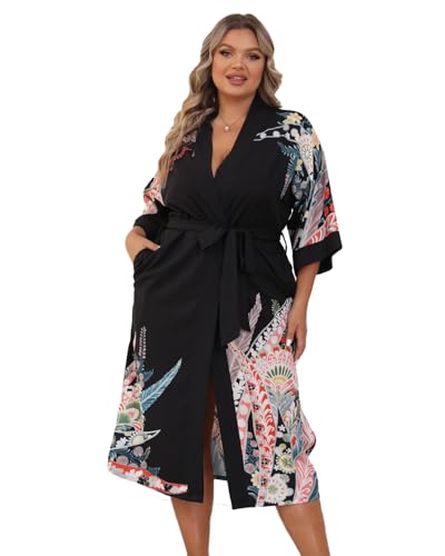 Image of Applesauce - 808V - Plus Size Women's Kimono Long Robe - Vintage Floral (One-Size fits most US 1X 2X 3X)