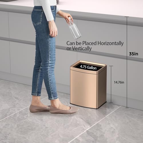 Image of 4.7 Gallon /18L Brushed Gold Bathroom Trash Can, Open Top Slim Dual Wastebaskte Simple Human Stainless Steel Garbage Can for Commercial Home Kitchen Office (18L Champagne Gold)