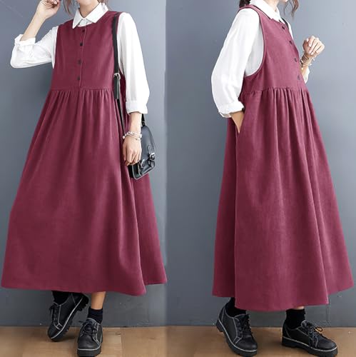 Image of chouyatou Women's Cute Sleeveless Corduroy Overall Dress Jumper Midi Babydoll Tank Dress with Pockets