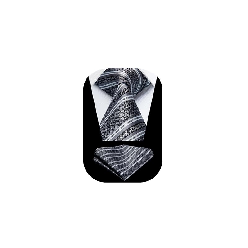 Image of HISDERN Stripe Tie Mens Ties with Pocket Square Set Classic 3.4'' Silk Formal Necktie Handkerchief for Business Wedding