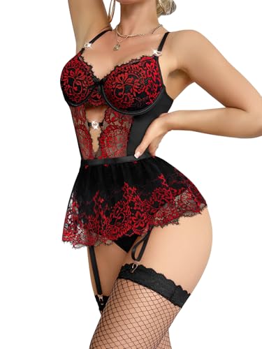 Image of Lilosy Sexy Lingerie Set 3 Piece Women Corset Bodysuit Skirt