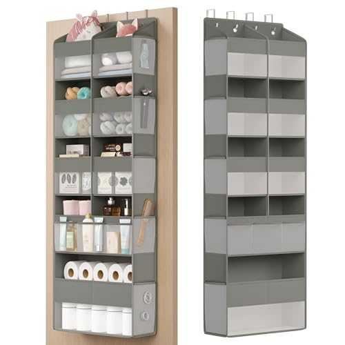SONGMICS Organizador de Puerta, 9 Compartimentos, Colgador Plegable, Ganchos Metálicos, Frontal Transparente, Bolsillos Laterales, Gris Paloma RDH009GD01