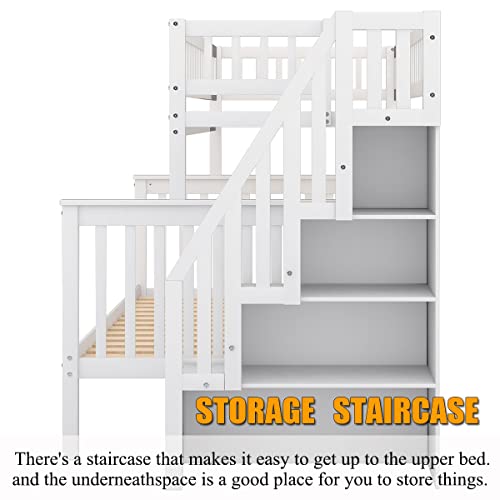 CITYLIGHT Twin Over Full Bunk Beds with Stairs, Wood Bunk Bed with Storage and Guard Rails,Stairway Bunk Beds Twin Over Full Size for Kids, Bedroom, Dorm, Teens, Adults,White