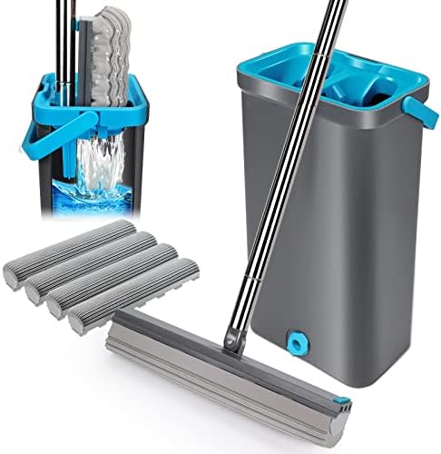 Myiosus Mop and Buckets Sets, Sponge Mop with 4pcs Super Absorbent Foam Heads and 130cm Adjustable Handle, Self-Wringing Sponge Mops for Laminate Hardwood Floor Cleaning