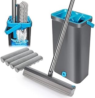 Myiosus Mop and Buckets Sets, Sponge Mop with 4pcs Super Absorbent Foam Heads and 130cm Adjustable Handle, Self-Wringing Sponge Mops for Laminate Hardwood Floor Cleaning