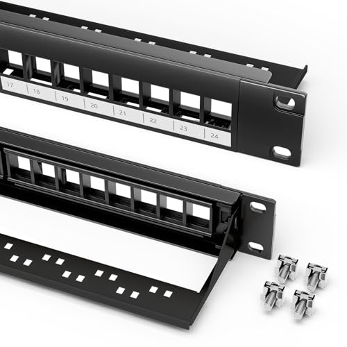 LEENUE 24 Port Blank Keystone Patch Panel, 1U 19 inch Cat6 Patch Panel with Detachable Cable Management Bar for CAT7/6/5E/5 Keystone Coupler, Rackmount Panel for Wall Mounted and Home Networking
