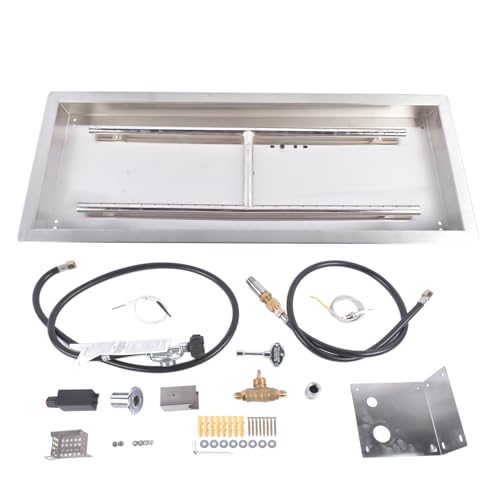 30 x 10 Inch Stainless Steel Propane Gas Rectangular Drop-in DIY Fire Pit Kit Burner Kit with H Burner & Spark Ignition 125,000 BTU