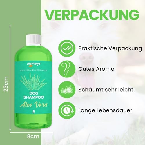PLANTAWA - Aloe Vera Hundeshampoo 1L | Hundeshampoo für empfindliche Haut und Dermatitis | Anti-Irritation Action Allergenfrei, Parabenfrei, 100% Vegan mit natürlichen Extrakten