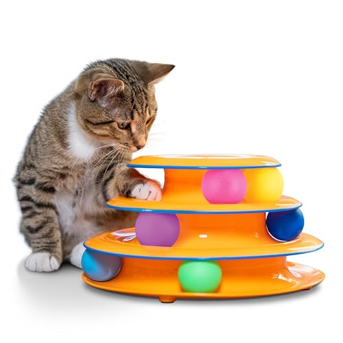 Catstages Tower of Tracks Cat Toy – 3-Level Track Tower with 6 Balls, Interactive Cat Toy for...
