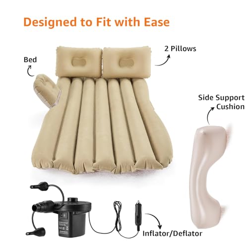 Image of Car Inflatable Bed for Back Seat, Portable SUV Air Mattress with Electric Pump, Thick Flocked Surface, Travel Sleeping Mattress for Camping, Road Trips, Outdoor Adventures (Cream)