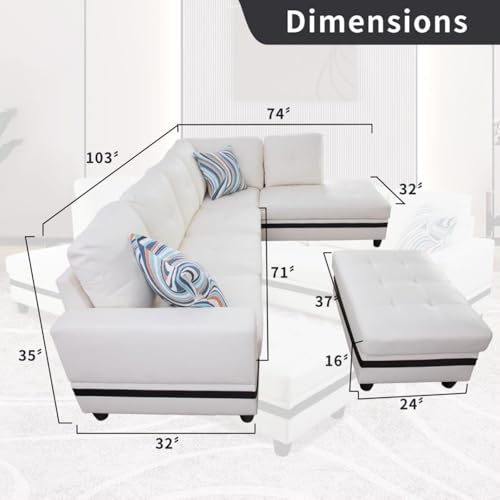 Image of L-Shaped 3-Piece Semi PU Synthetic Leather Sofa with Storage Ottoman Set, Sectional Couch Sofa Set for Living Room, Office, Small Space, White and Black-2