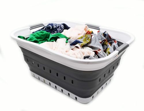 Image of SAMMART 42L (11 gallon) Collapsible Plastic Laundry Basket - Foldable Pop Up Storage Container /Organizer - Portable Basket - Space Saving Hamper /Basket (2, White /Dark Grey)