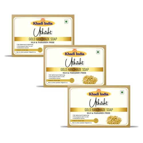 Image of Utkristh Khadi Gold Handmade Bathing Soap | Natural & Herbal Skin Brightening Bar | Luxury Body Cleanser with Essential Oils | For Glowing Skin | Unisex | 125g (Pack of 3)