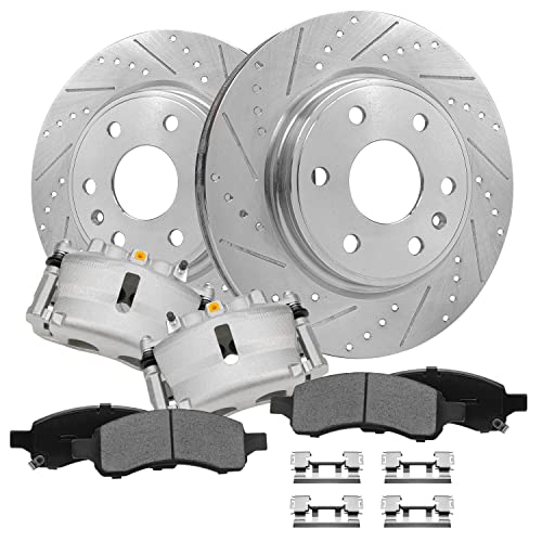 Image of Detroit Axle - Front Brake Kit for Chevy Traverse GMC Acadia Buick Enclave | Saturn Outlook Drilled & Slotted Brake Rotors Brake Calipers w /Brackets Ceramic Brake Pads Replacement [12.80 inch Rotors]