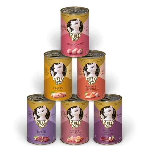 KITTY Cat Paté Mix 3, 6 x 400 g, Nassfutter für Katzen im Probierpaket, getreidefreies Katzenfutter mit Taurin, Lachsöl und Grünlippmuschel, Alleinfuttermittel mit hohem Fleischanteil, Made in Germany