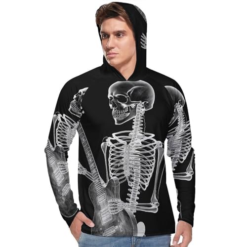 Men's Sun Shirts UPF 50+ Rash Guard Long Sleeve Sun Protection Hoodie Abstract Skeleton Playing Guitar Lightweight Shirt 3XL White2
