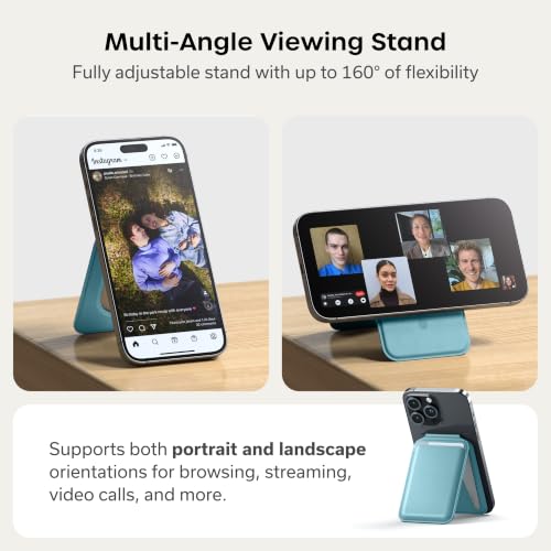 Image of Satechi Magnetic Magsafe Wallet, Double Flap Stand Card Holder, 4 Slots with Front NFC Pass-Through, Adjustable Phone Attachment for iPhone 17 /16 /15 /14 /13 /12, Travel Accessory, Light Blue, 4.13 x 2.6