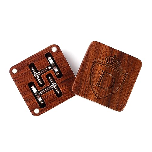 Image of Mens Initial Silver Cufflinks A-Z Alphabet Letter Steel Cuff Links with Engraved Walnut Wood Box Groom Groomsman Wedding Set