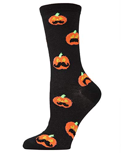 MeMoi Pumpkin Stache Crew Sock | Women's Halloween Socks Black One Size 9-11