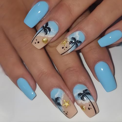Coconut Tree Press on Nails Medium Length Fake Nails Summer Design Glue on Nails Palm Tree Beach Acrylic Nails Glossy Blue Stick on Nails Full Cover Artificial Nails Reusable Press on Nails for Women