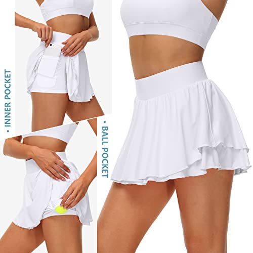 Image of UrKeuf Women's Athletic Tennis Skirts with Pockets 13in Ruffle Golf Running Workout Ice Silk Flowy Skorts with Sports Shorts