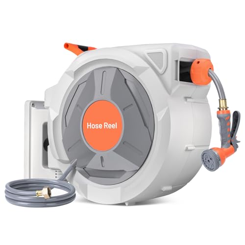 GarveeLife Retractable Garden Hose Reel 5/8 in x 100 Ft, Wall Mounted Garden Hose Reel, with 9 Function Sprayer Nozzle, Any Length Lock, Lock/Automatic Slow Return System, 180° Swivel Bracket(Grey)